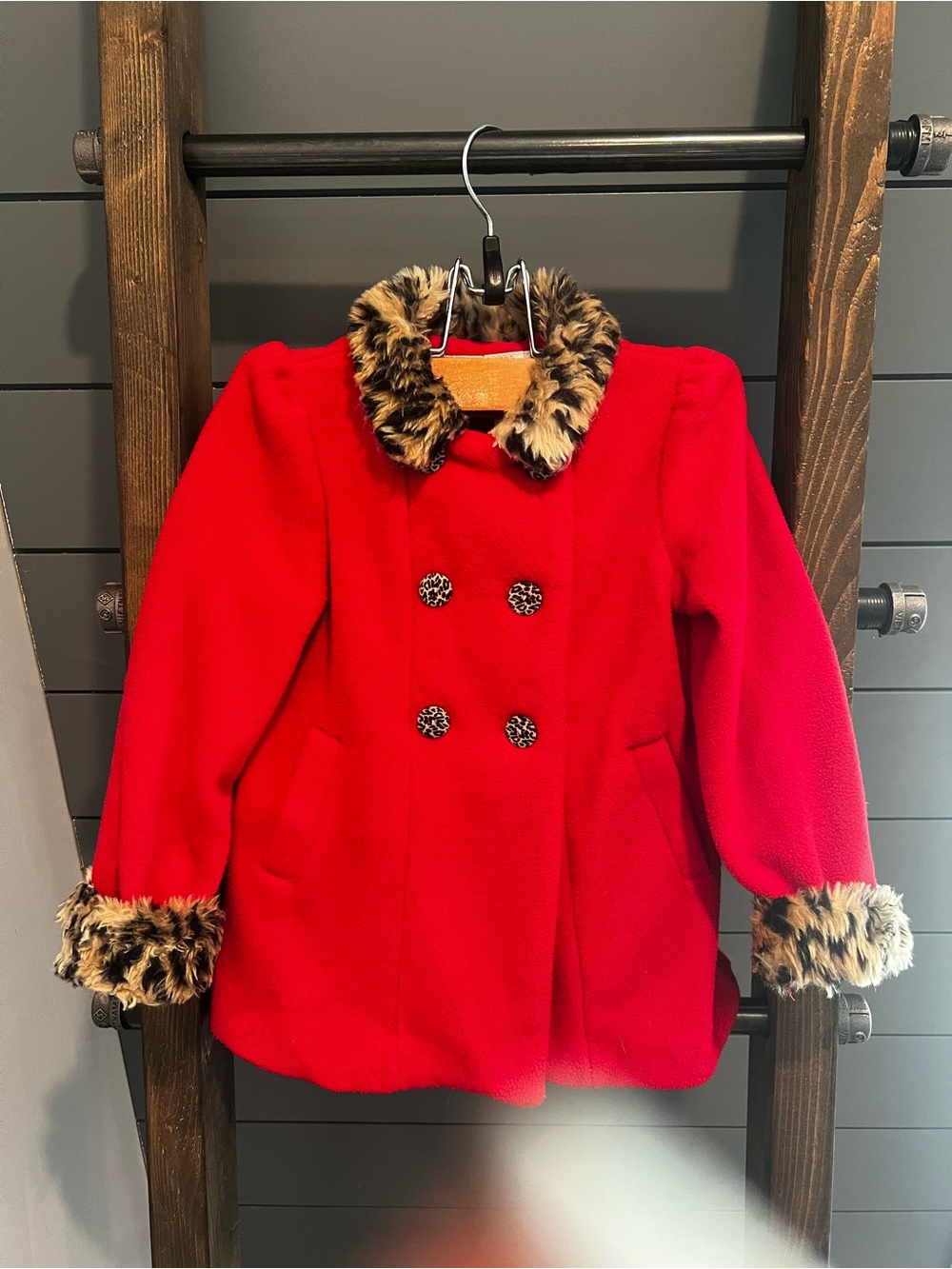 Maggie & Zoe Girls' Red Double-Breasted Pea Coat with Faux Leopard Trim